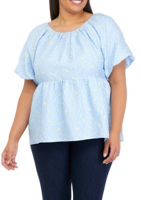 ENGLISH FACTORY Women's Plus Size Short Puff Sleeve Babydoll Top