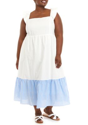 English Factory Women's Plus Size Sleeveless Gingham Accent Midi Dress, Blue -  0192934481199
