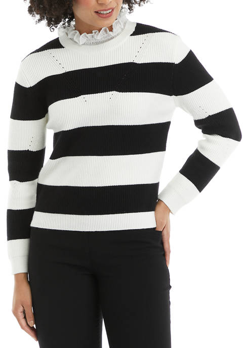 ENGLISH FACTORY Womens Striped Lace Mock Neck Sweater