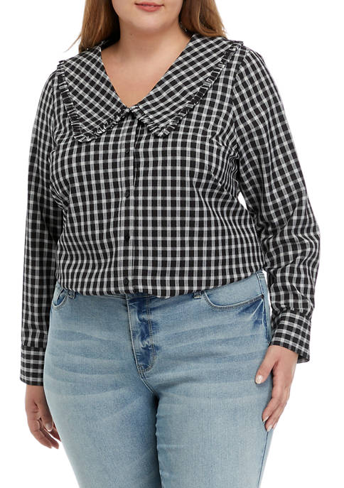 Plus Size Long Sleeve Oversized Collar Plaid Woven Top 