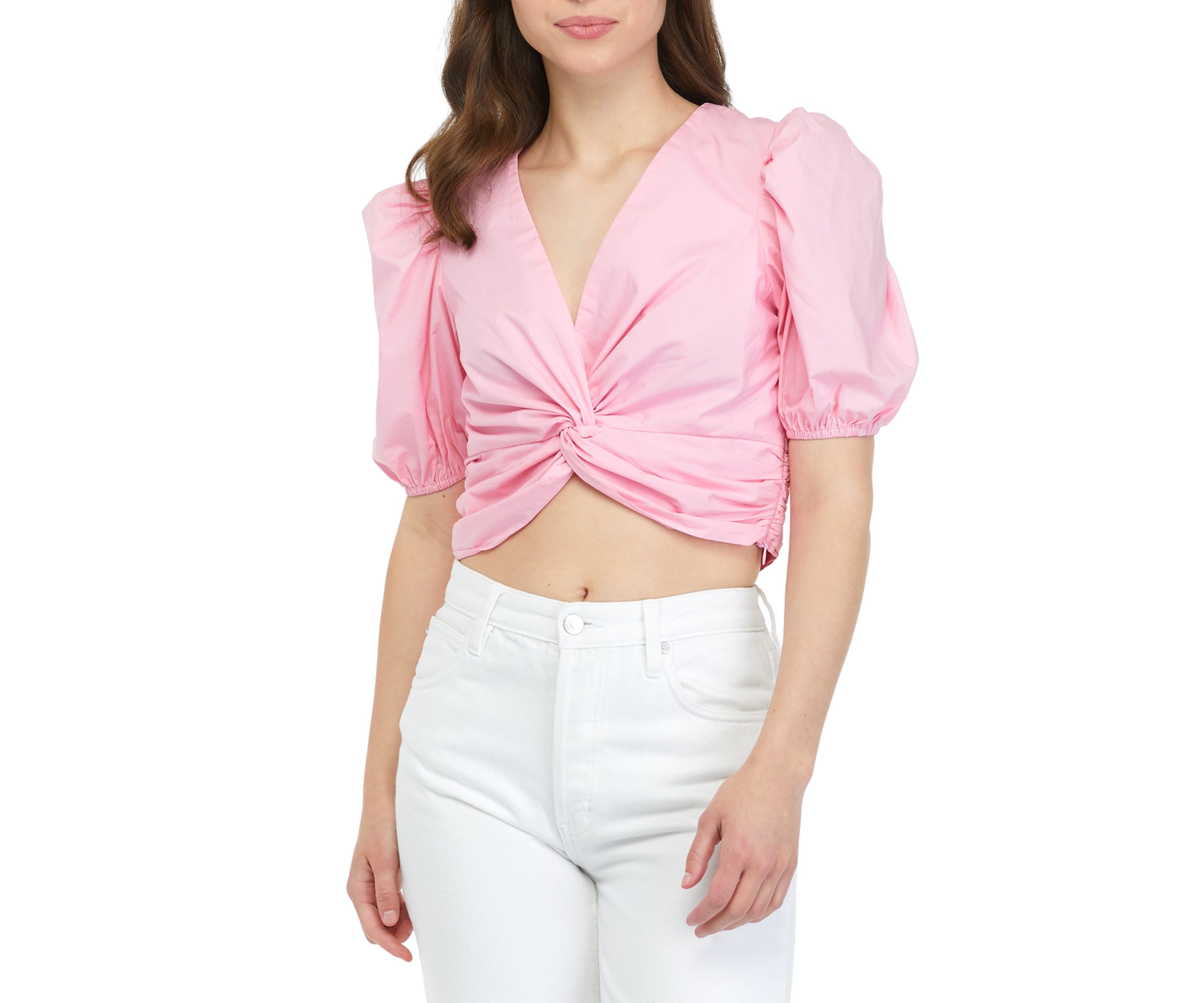 Short Puff Sleeve Twist Front Crop Top