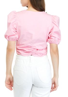 Short Puff Sleeve Twist Front Crop Top