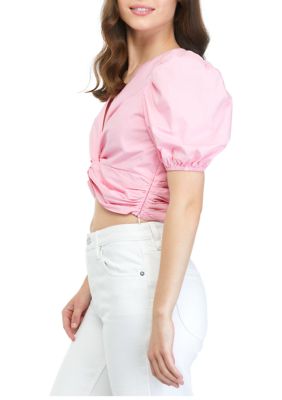 Short Puff Sleeve Twist Front Crop Top