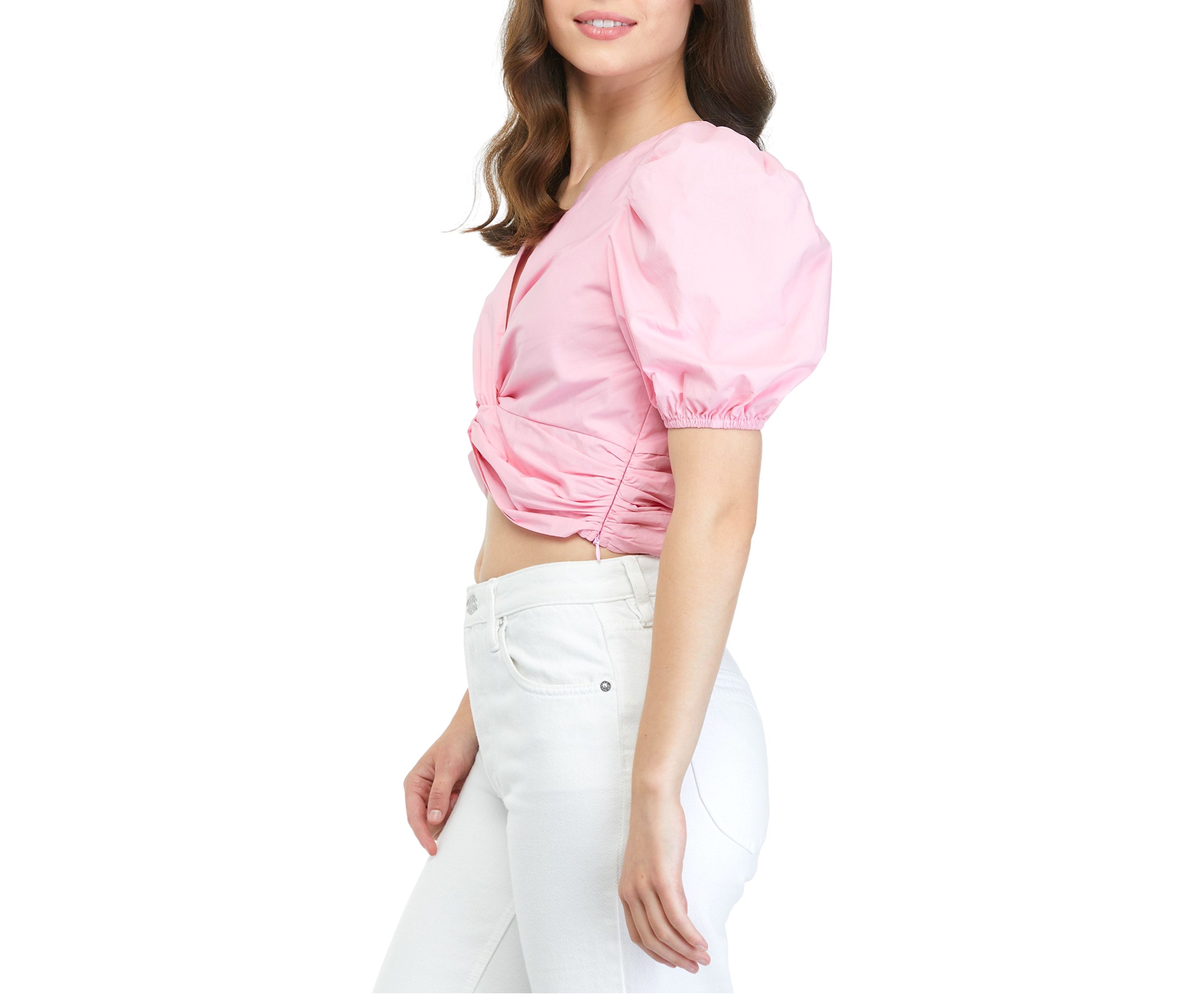 Short Puff Sleeve Twist Front Crop Top