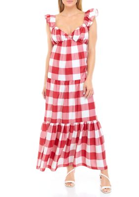 English Factory Women's Sleeveless Sweetheart Neck Checkered Maxi Dress