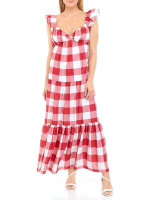ENGLISH FACTORY Women's Sleeveless Sweetheart Neck Checkered Maxi Dress