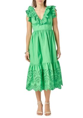 ENGLISH FACTORY Women's Eyelet Scallop Detail Midi Dress, Green, Medium