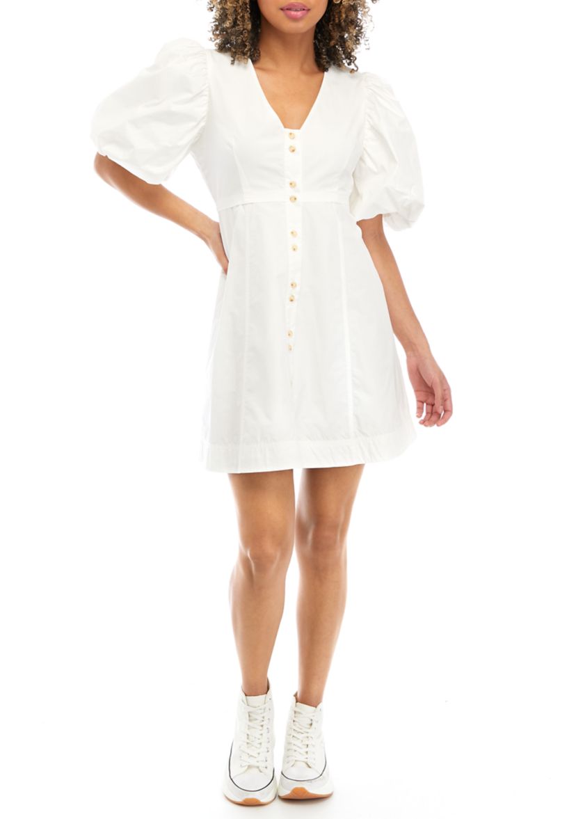 Womens Puff Sleeve Button Detail Mini Dress