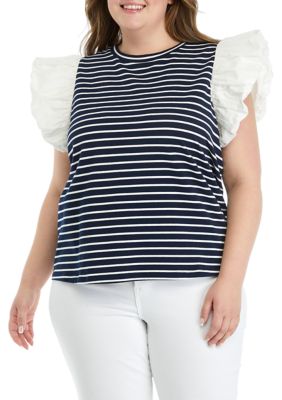 ENGLISH FACTORY Women's Plus Size Stripe Knit Top with Poplin Puff Sleeves