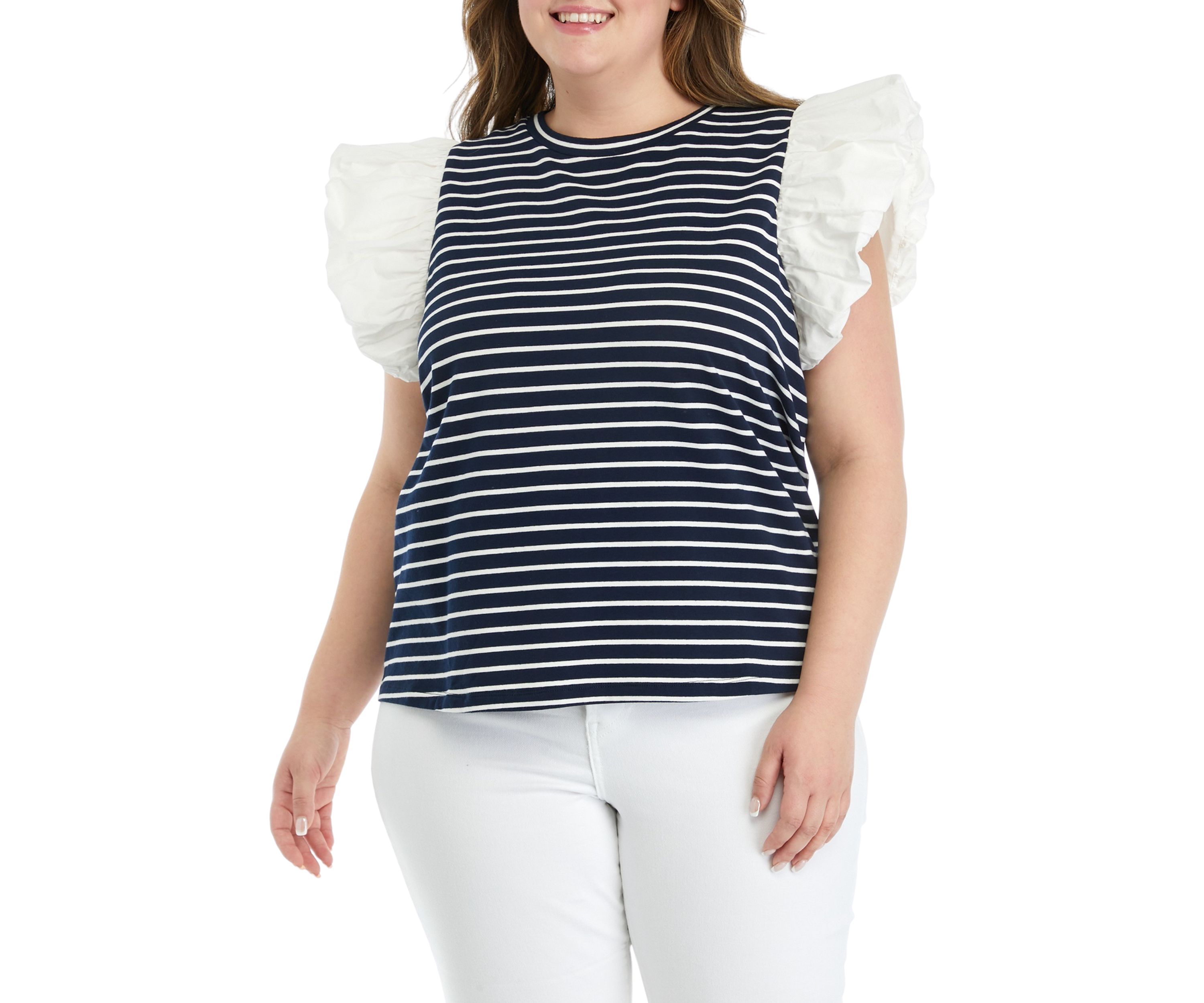 Plus Size Stripe Knit Top with Poplin Puff Sleeves