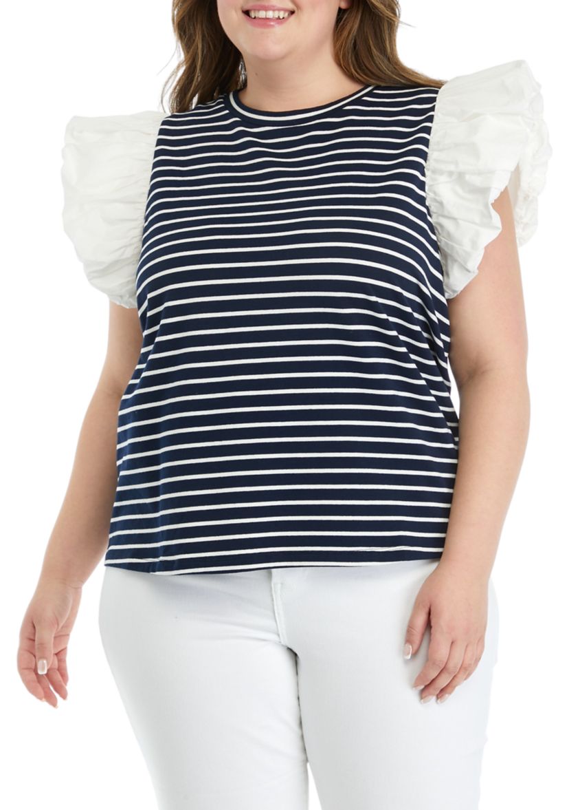Plus Size Stripe Knit Top with Poplin Puff Sleeves
