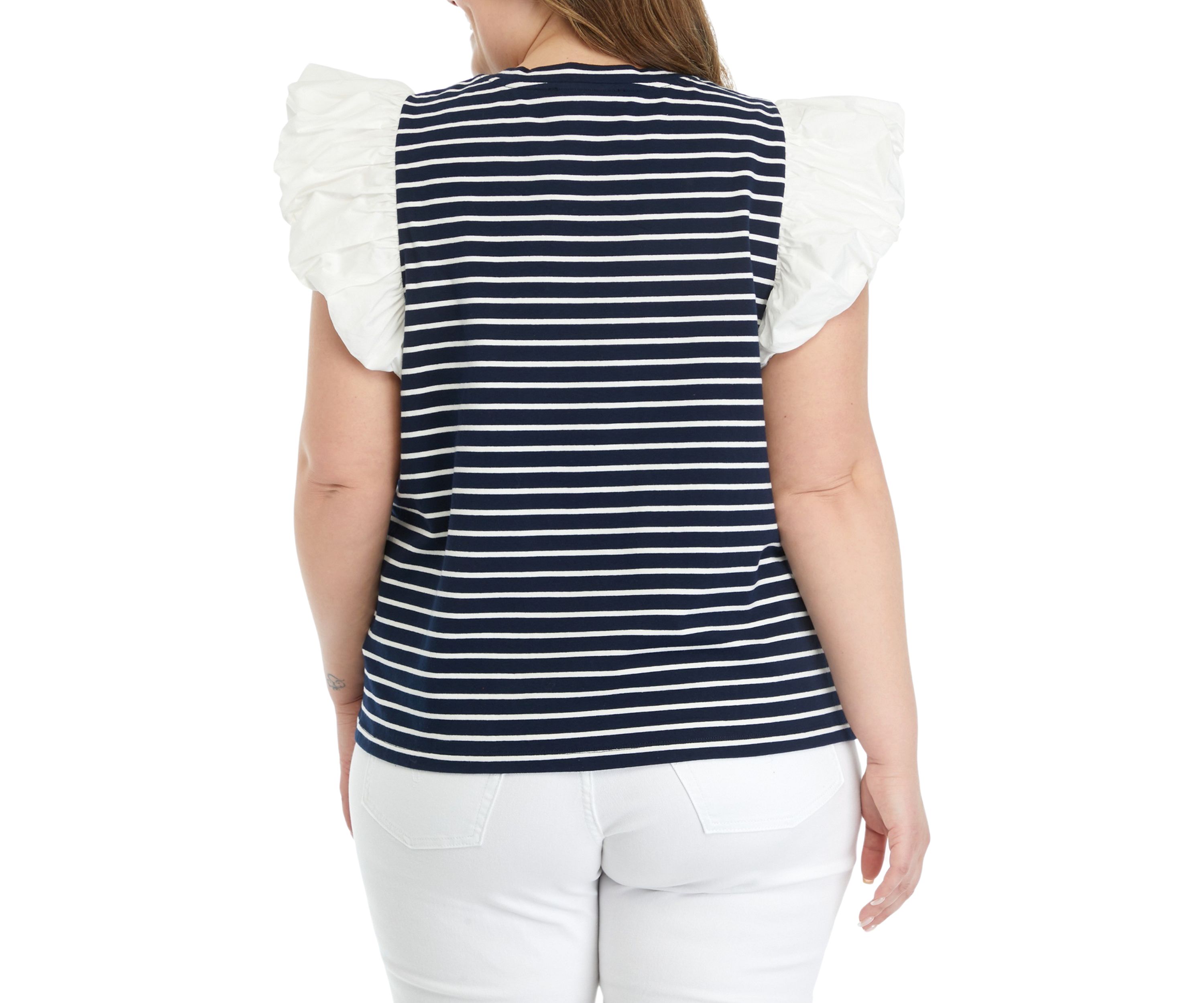 Plus Size Stripe Knit Top with Poplin Puff Sleeves