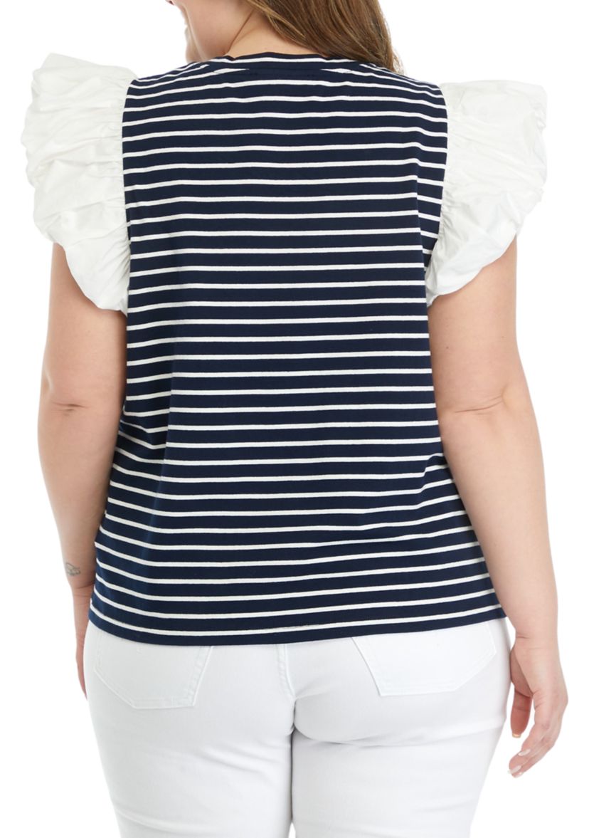 Plus Size Stripe Knit Top with Poplin Puff Sleeves