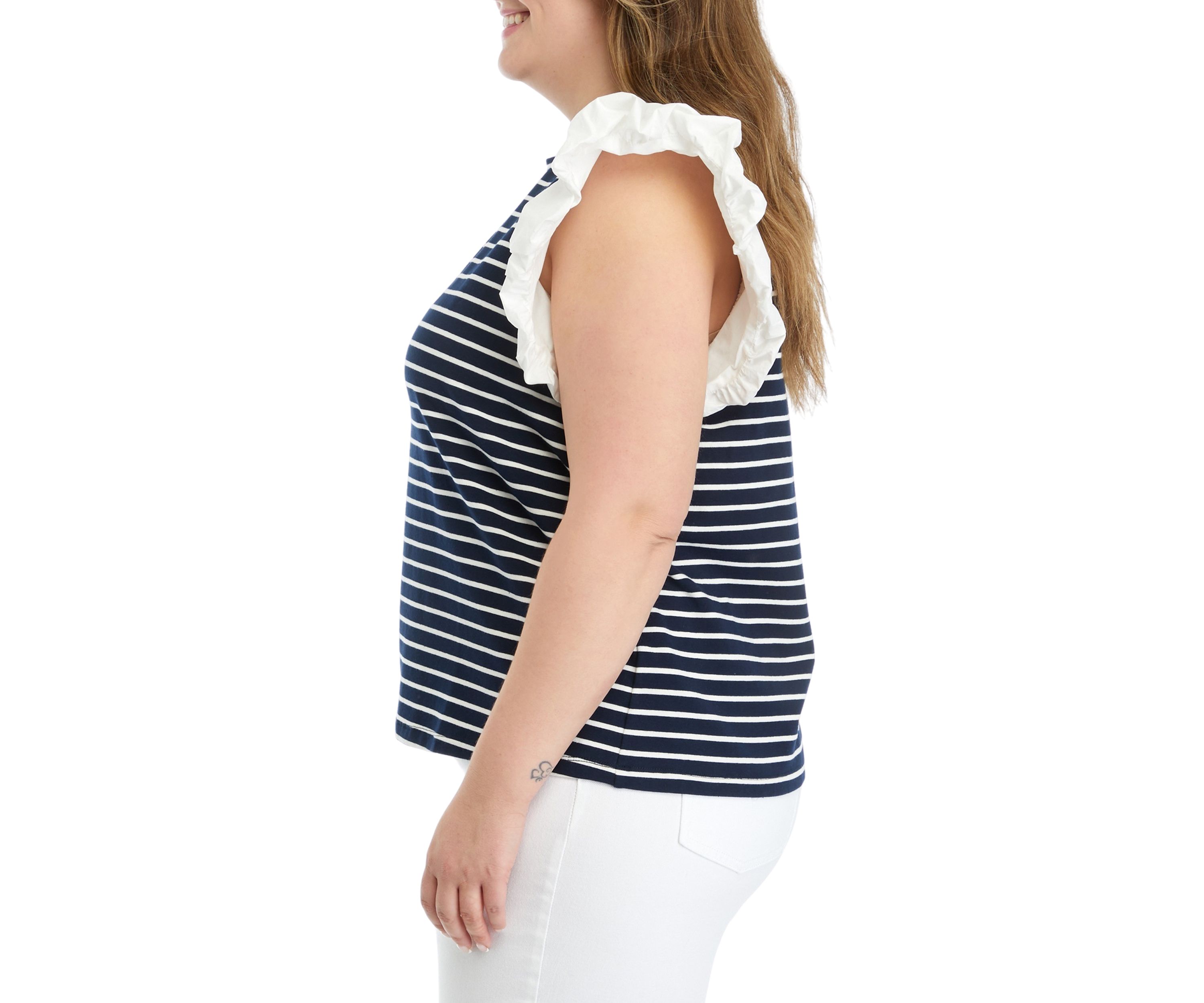 Plus Size Stripe Knit Top with Poplin Puff Sleeves