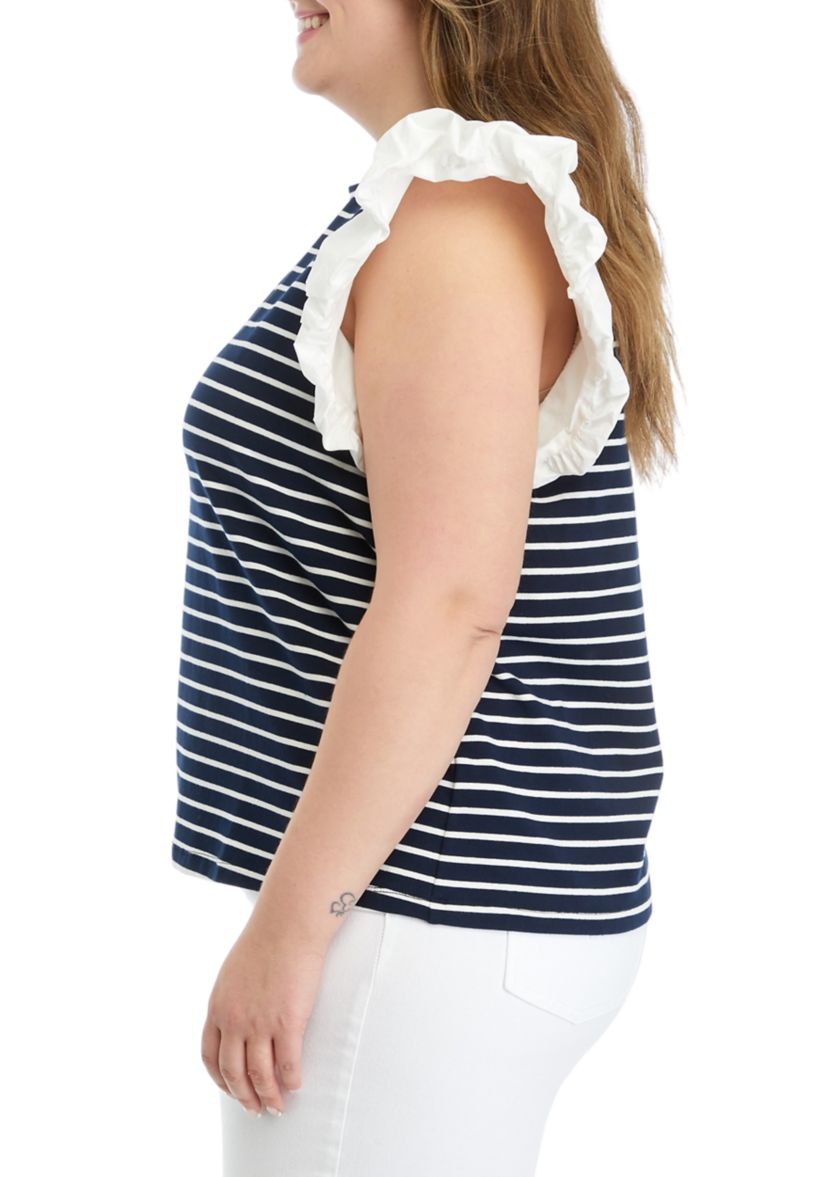 Plus Size Stripe Knit Top with Poplin Puff Sleeves