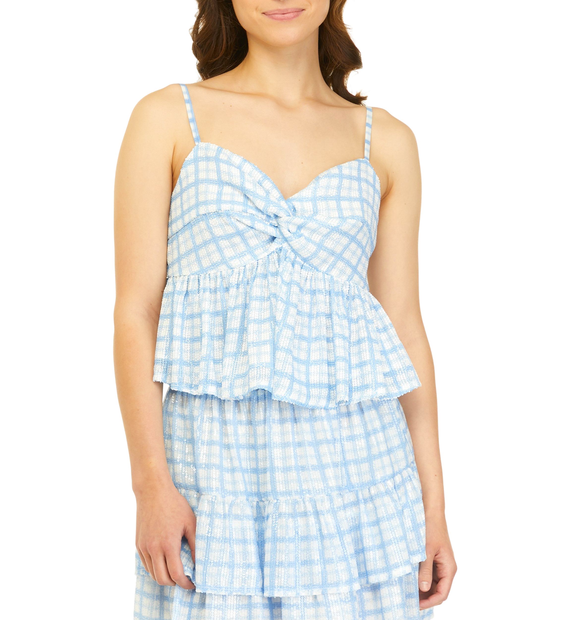 Sleeveless Twist Front Plaid Flounce Tank 