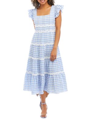 English Factory Women's Floral Lace Gingham Midi Dress