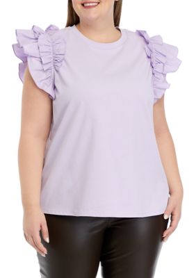 ENGLISH FACTORY Women's Plus Size Mixed Media Ruffle Sleeve T-Shirt