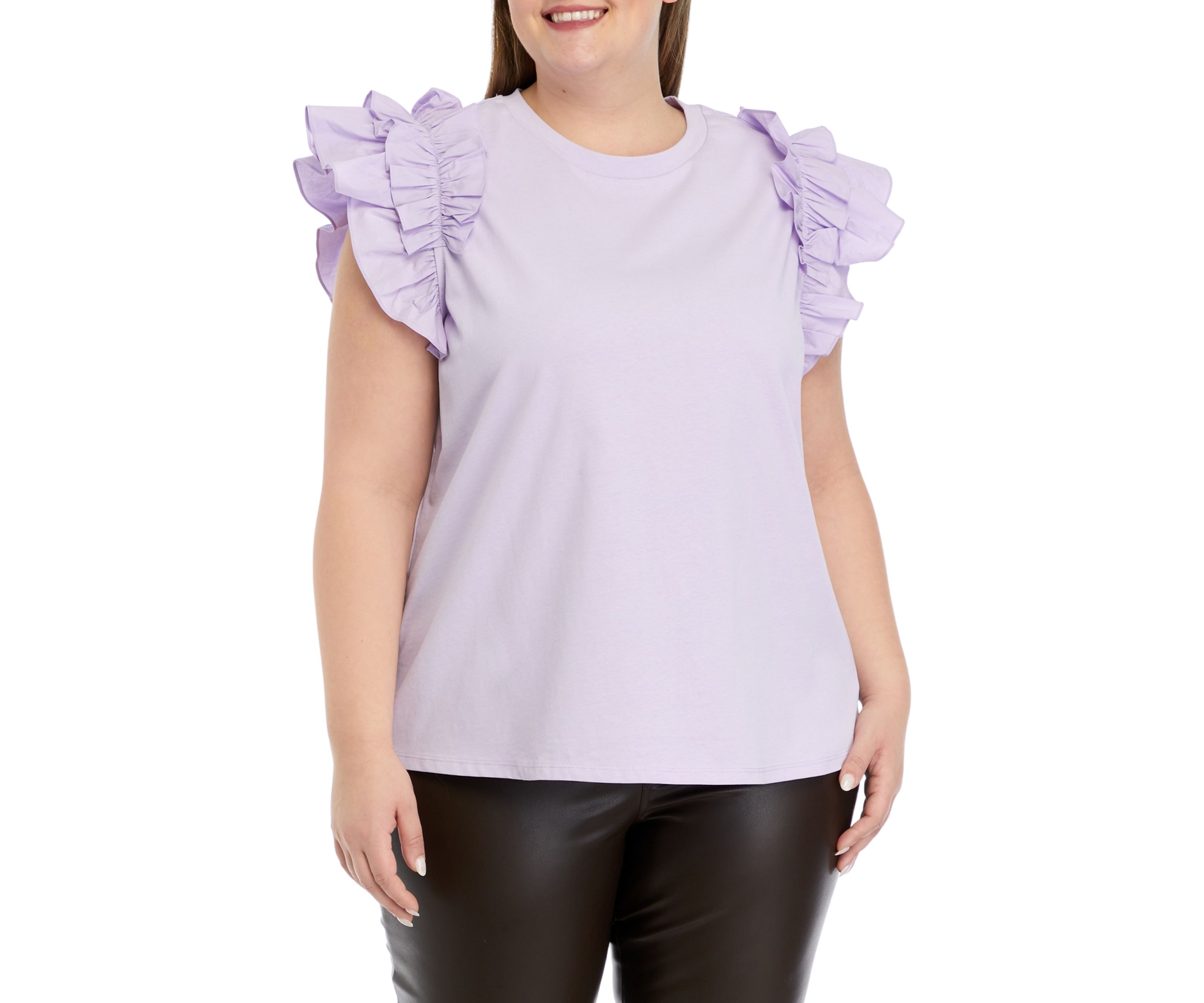 Plus Size Mixed Media Ruffle Sleeve T-Shirt
