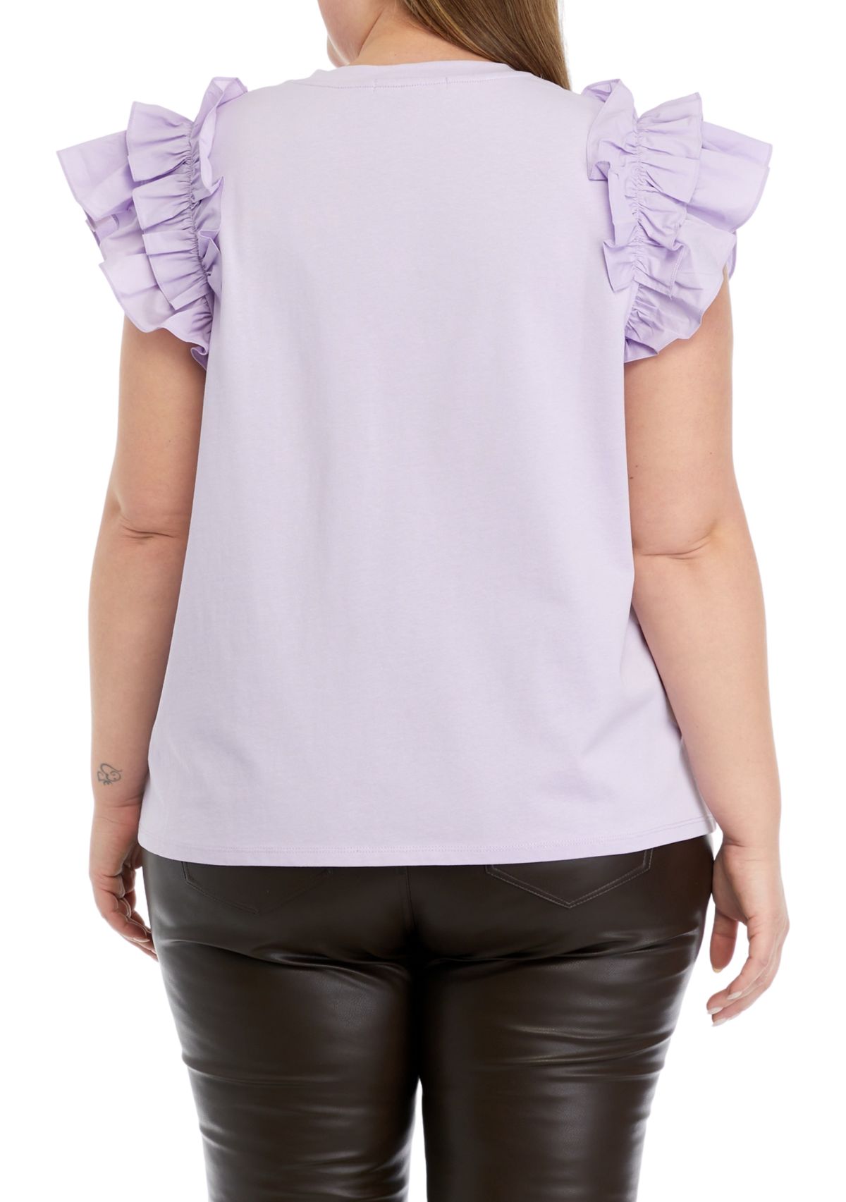 Plus Size Mixed Media Ruffle Sleeve T-Shirt