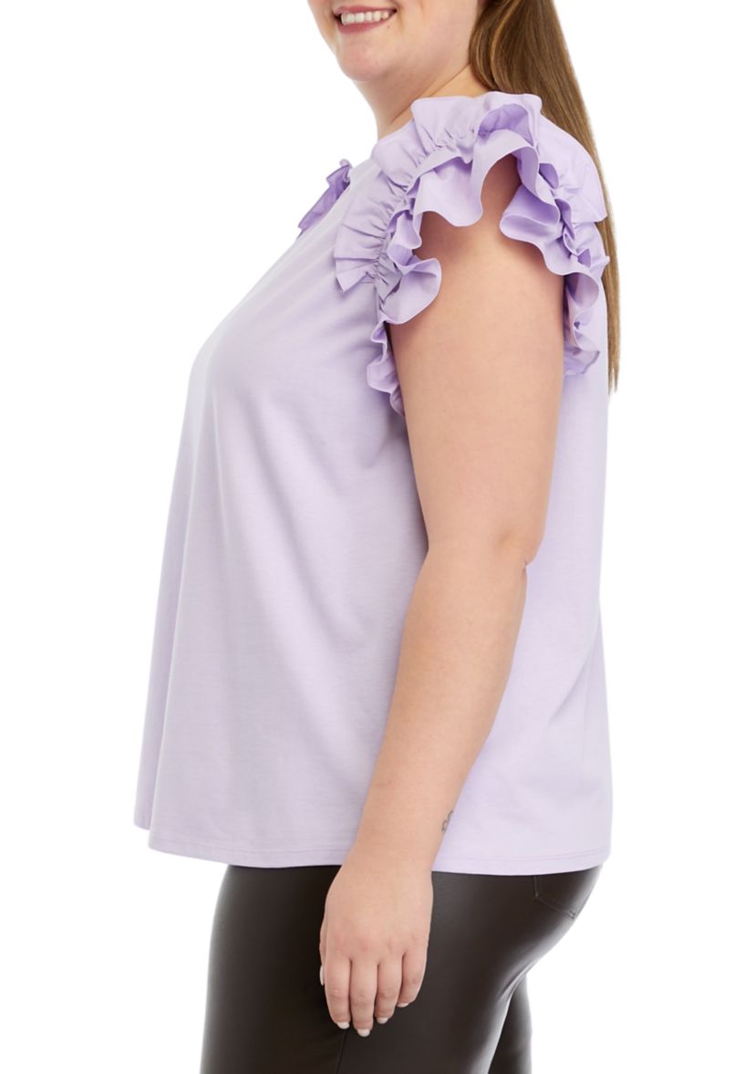 Plus Size Mixed Media Ruffle Sleeve T-Shirt