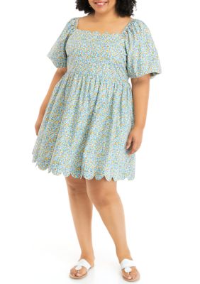 English Factory Women's Plus Size Multi Color Short Puff Sleeve Scallop Mini Dress