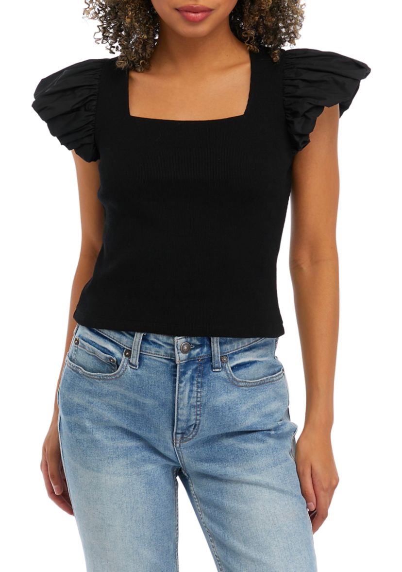 Womens Mixed Media Square Neck Knit Top