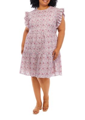 English Factory Women's Plus Size Floral Flutter Sleeve Dress, Red -  0192934513111