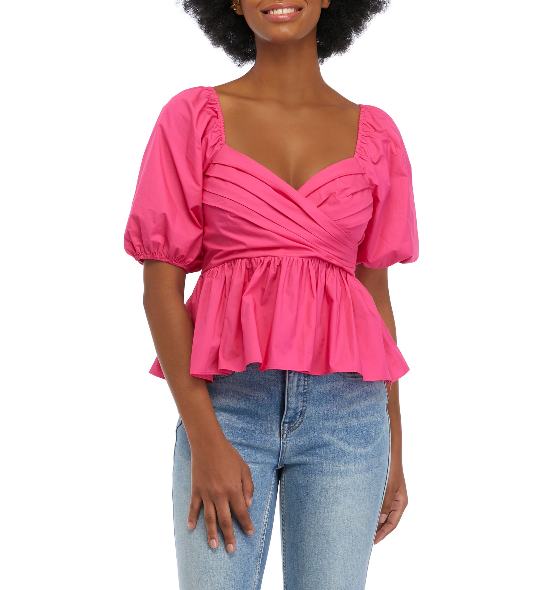 Womens Puff Sleeve Shirring Detail Top