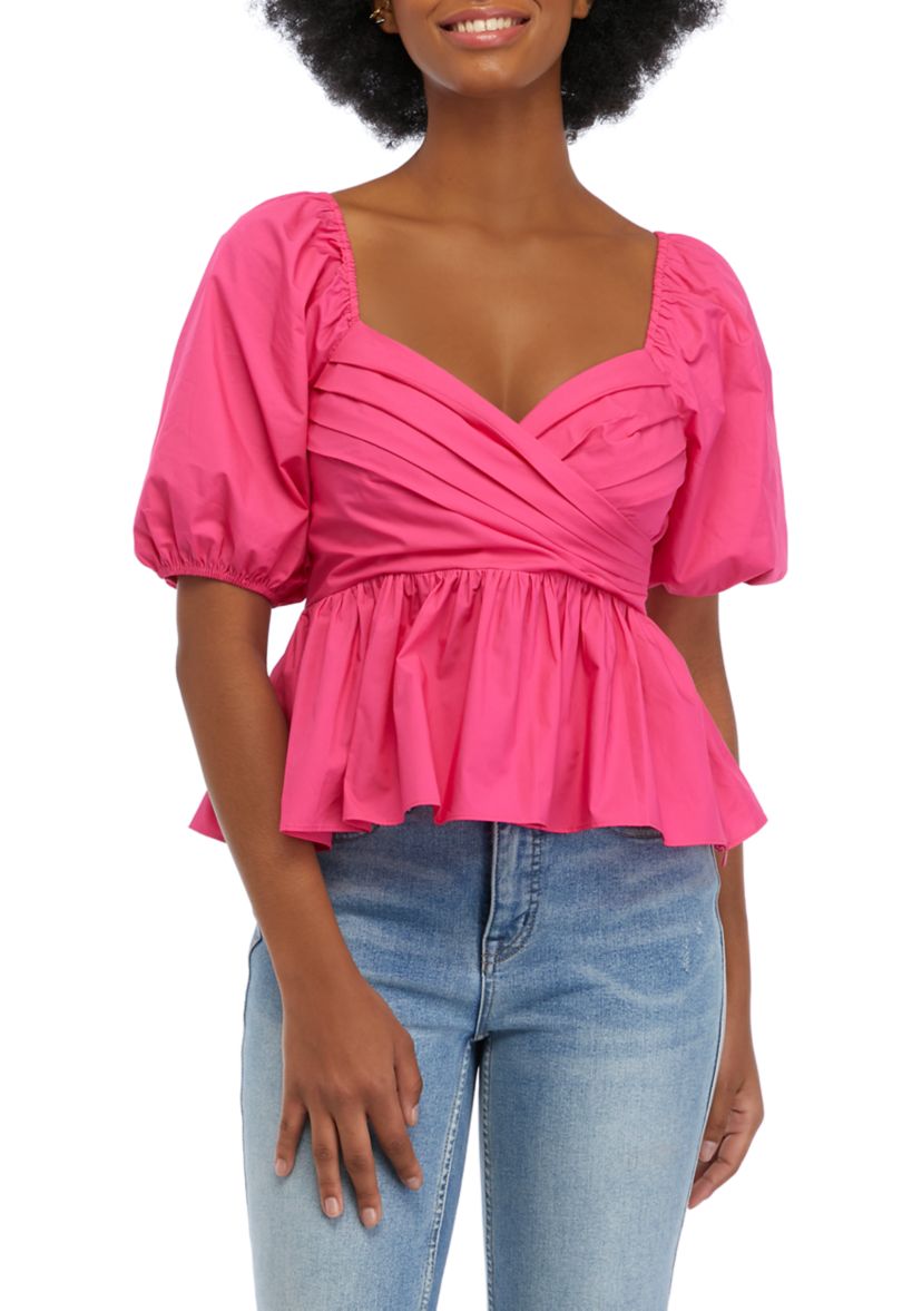 Womens Puff Sleeve Shirring Detail Top