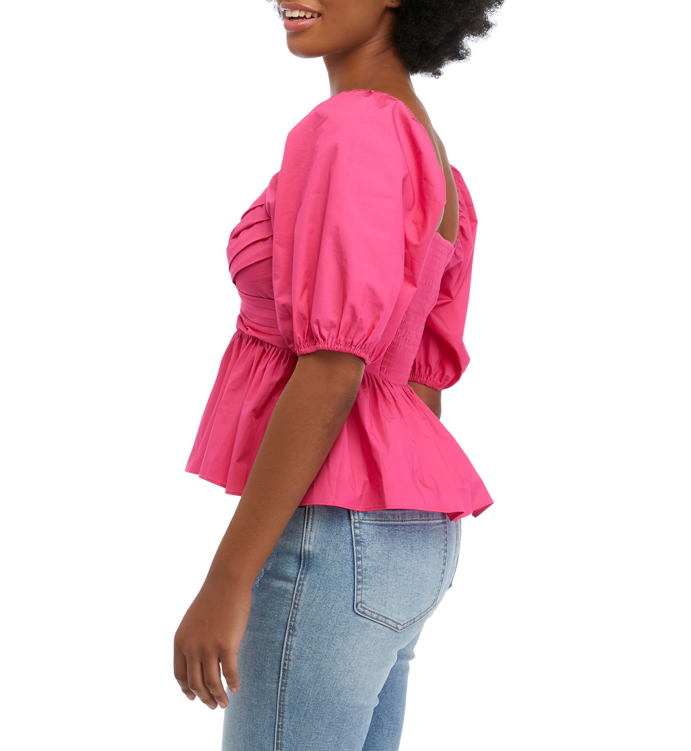Womens Puff Sleeve Shirring Detail Top