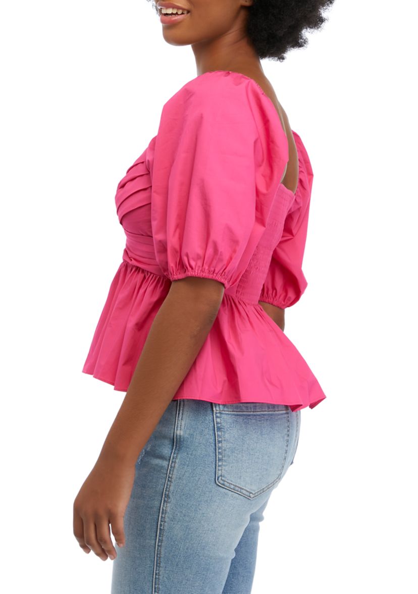 Womens Puff Sleeve Shirring Detail Top