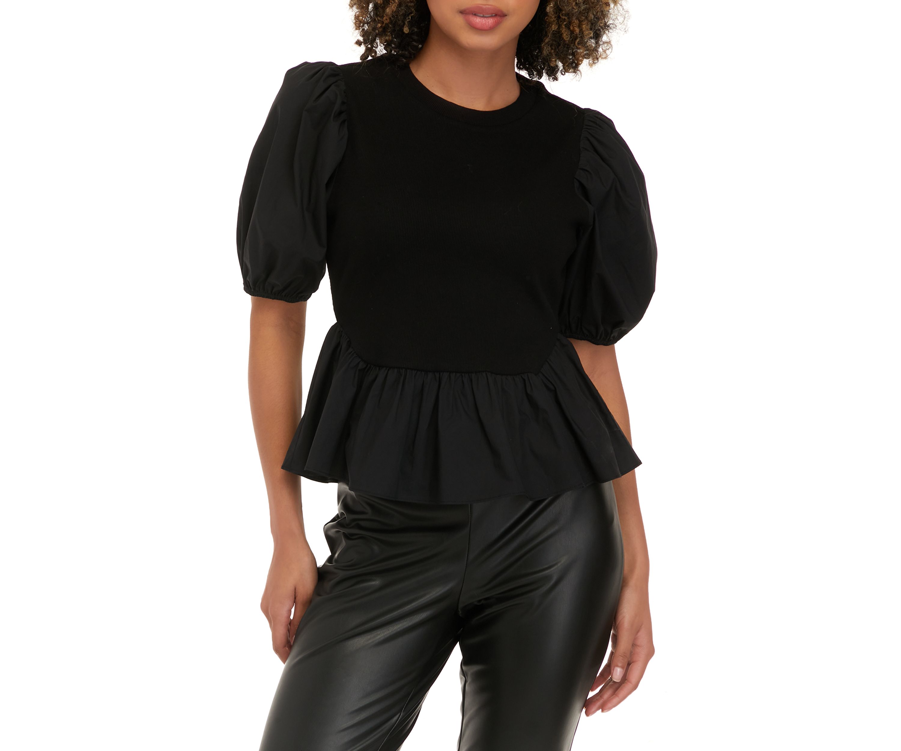 Womens Short Puff Sleeve Mixed Media Knit Top