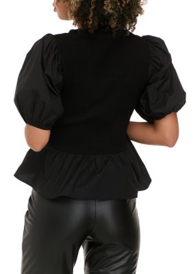 Women's Short Puff Sleeve Mixed Media Knit Top