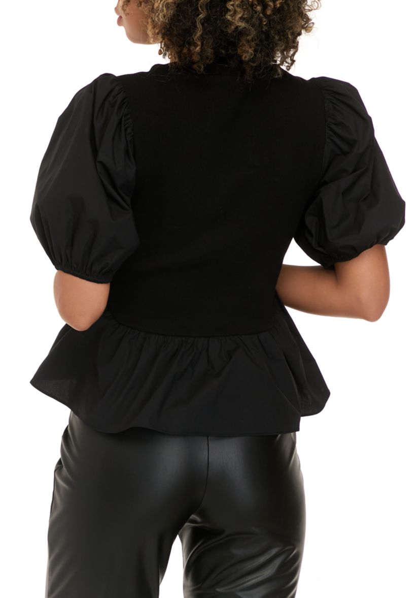 Womens Short Puff Sleeve Mixed Media Knit Top