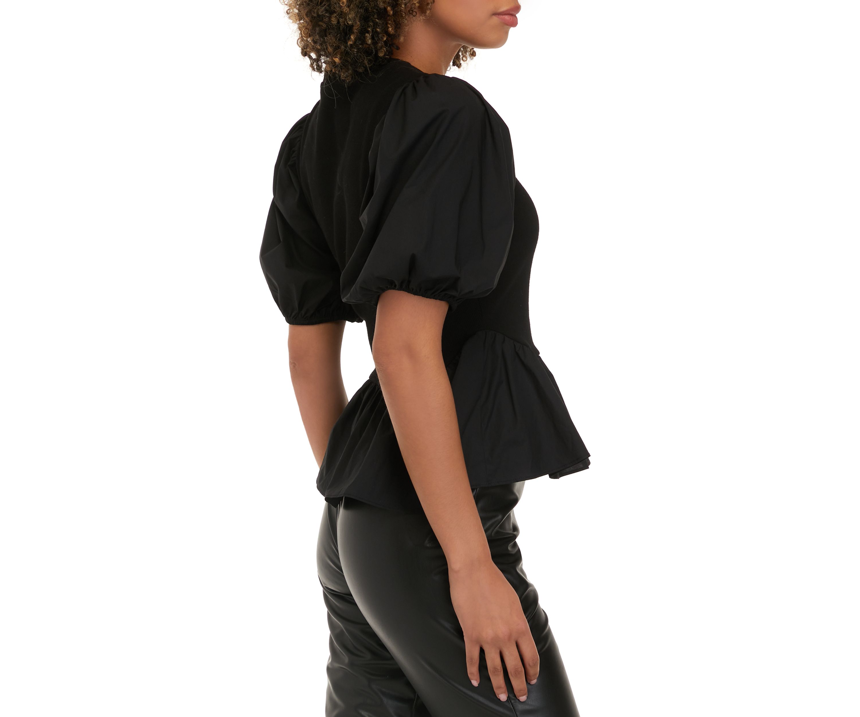 Womens Short Puff Sleeve Mixed Media Knit Top