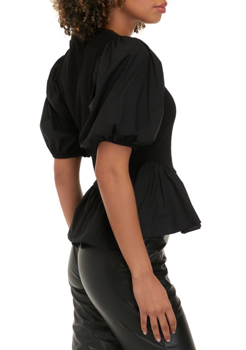 Womens Short Puff Sleeve Mixed Media Knit Top