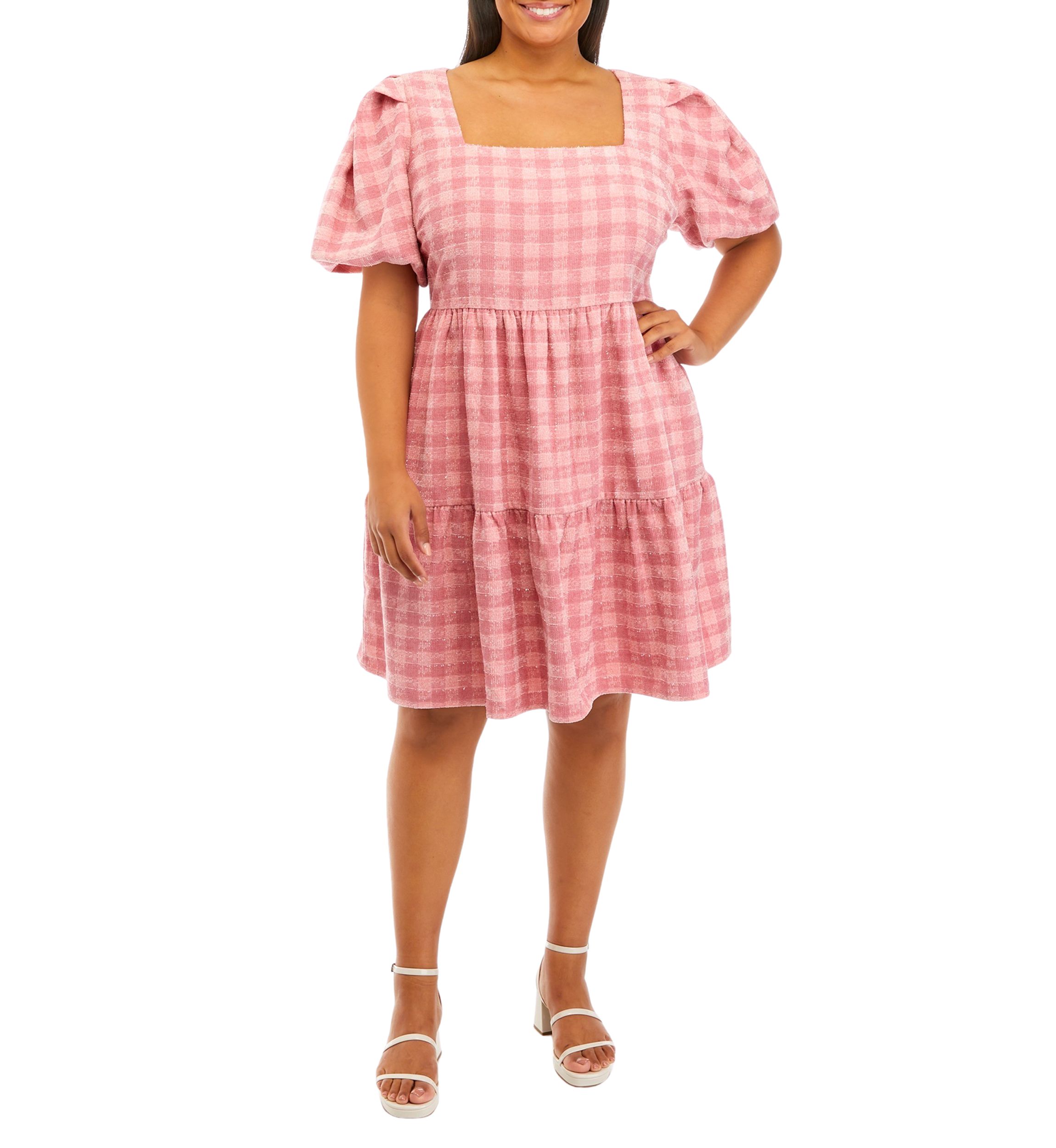 Plus Size Puff Sleeve Checkered Print Babydoll Dress