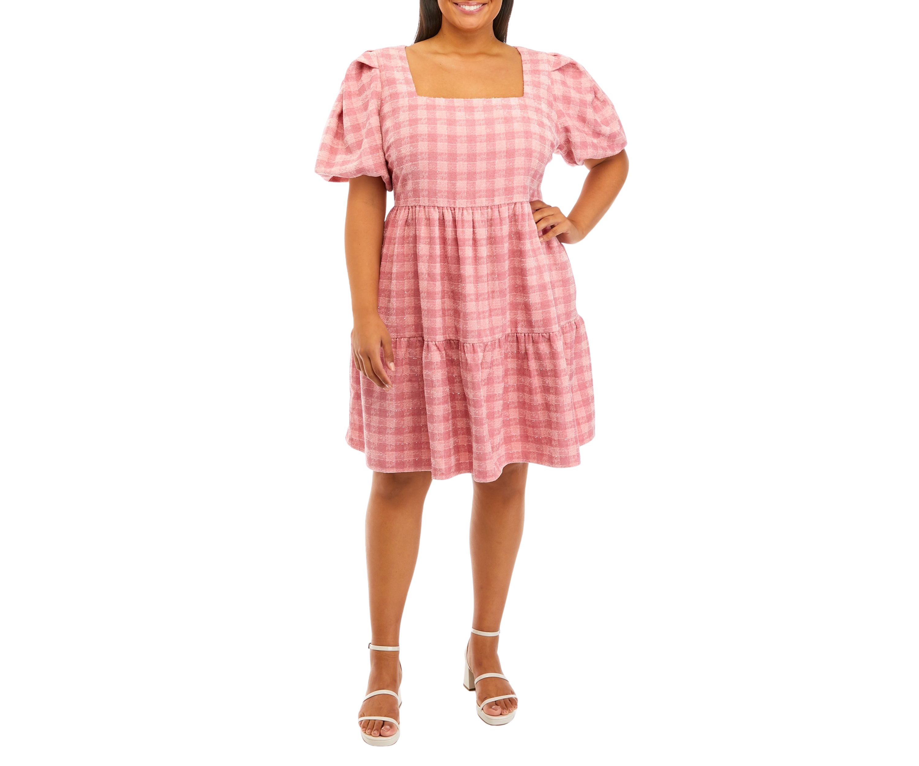 Plus Size Puff Sleeve Checkered Print Babydoll Dress