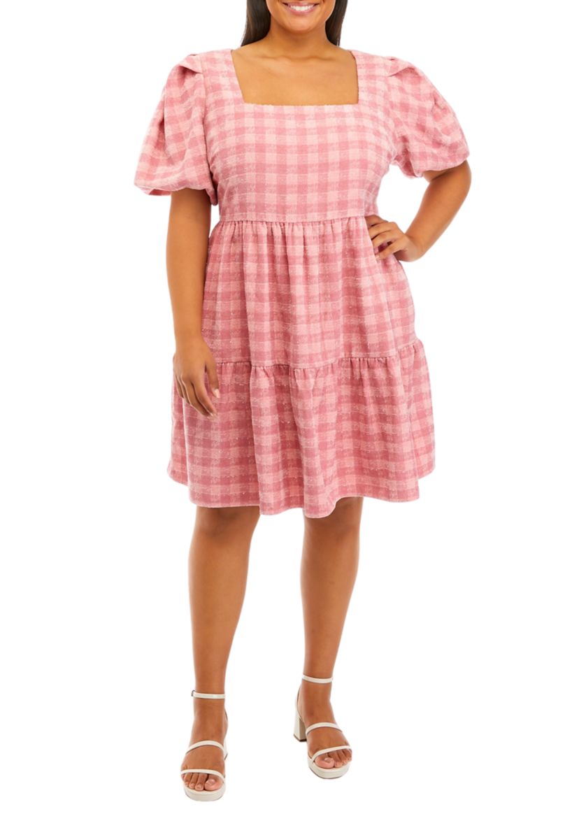 Plus Size Puff Sleeve Checkered Print Babydoll Dress
