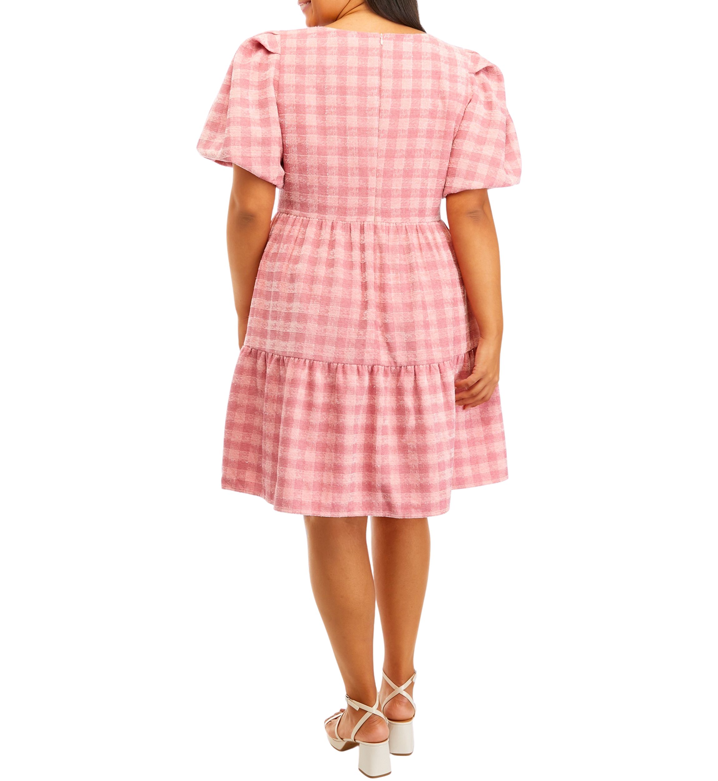 Plus Size Puff Sleeve Checkered Print Babydoll Dress