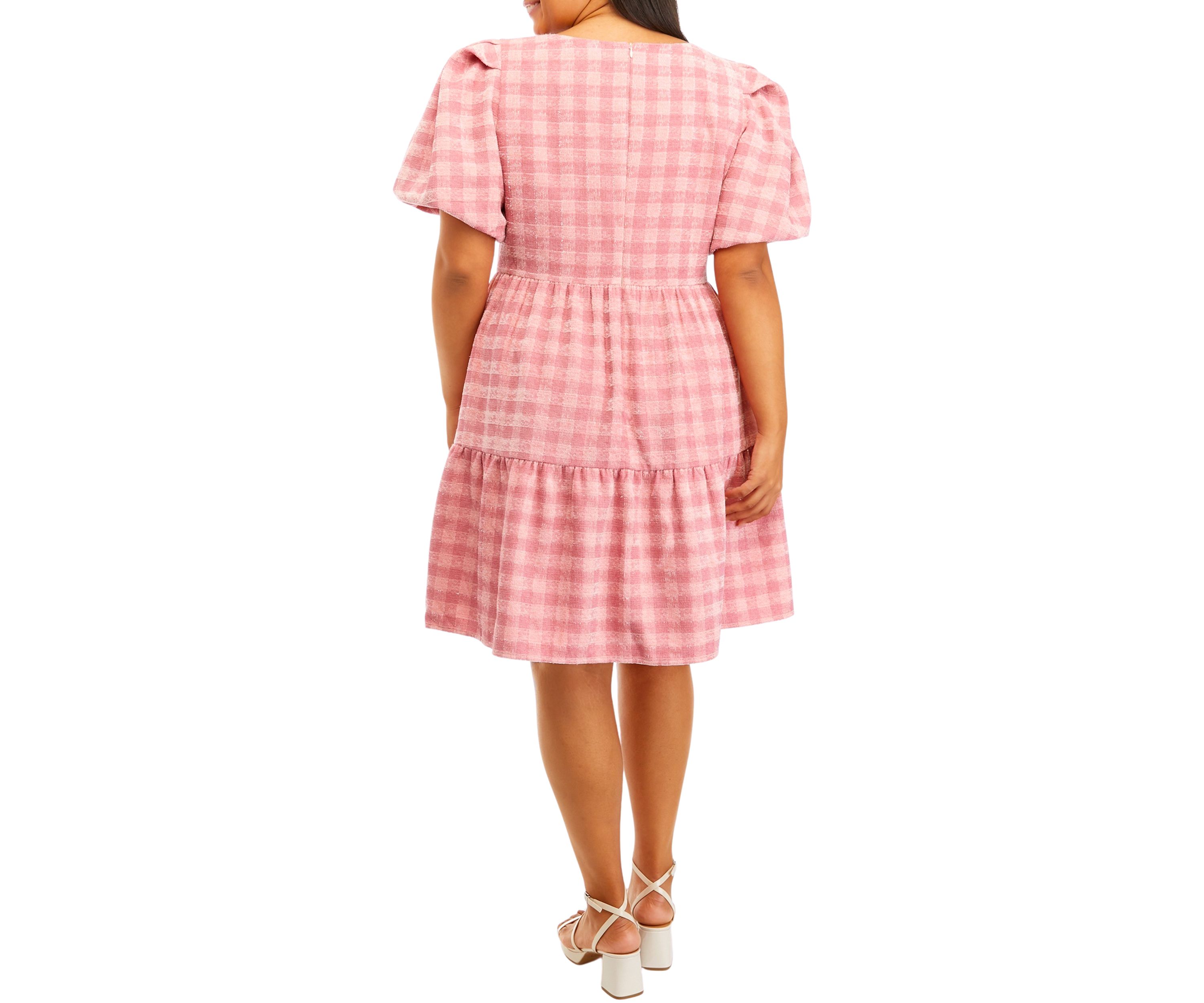 Plus Size Puff Sleeve Checkered Print Babydoll Dress