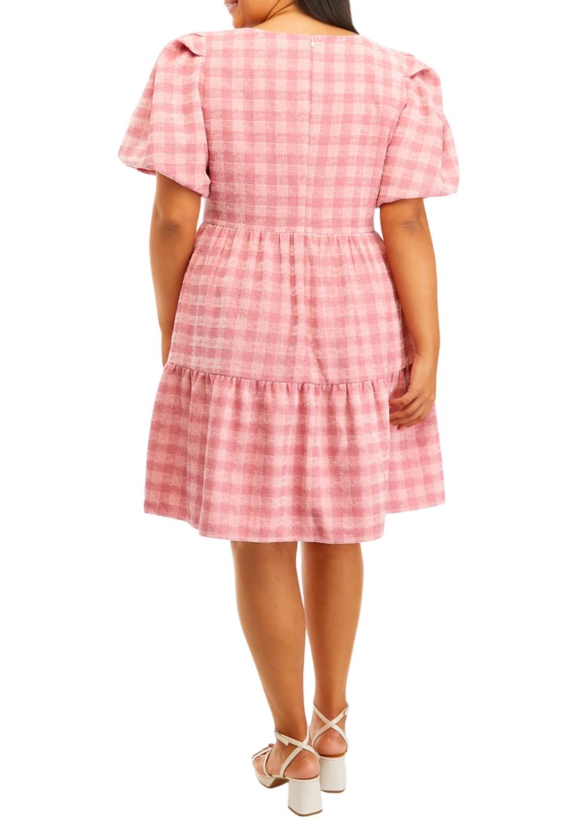 Plus Size Puff Sleeve Checkered Print Babydoll Dress
