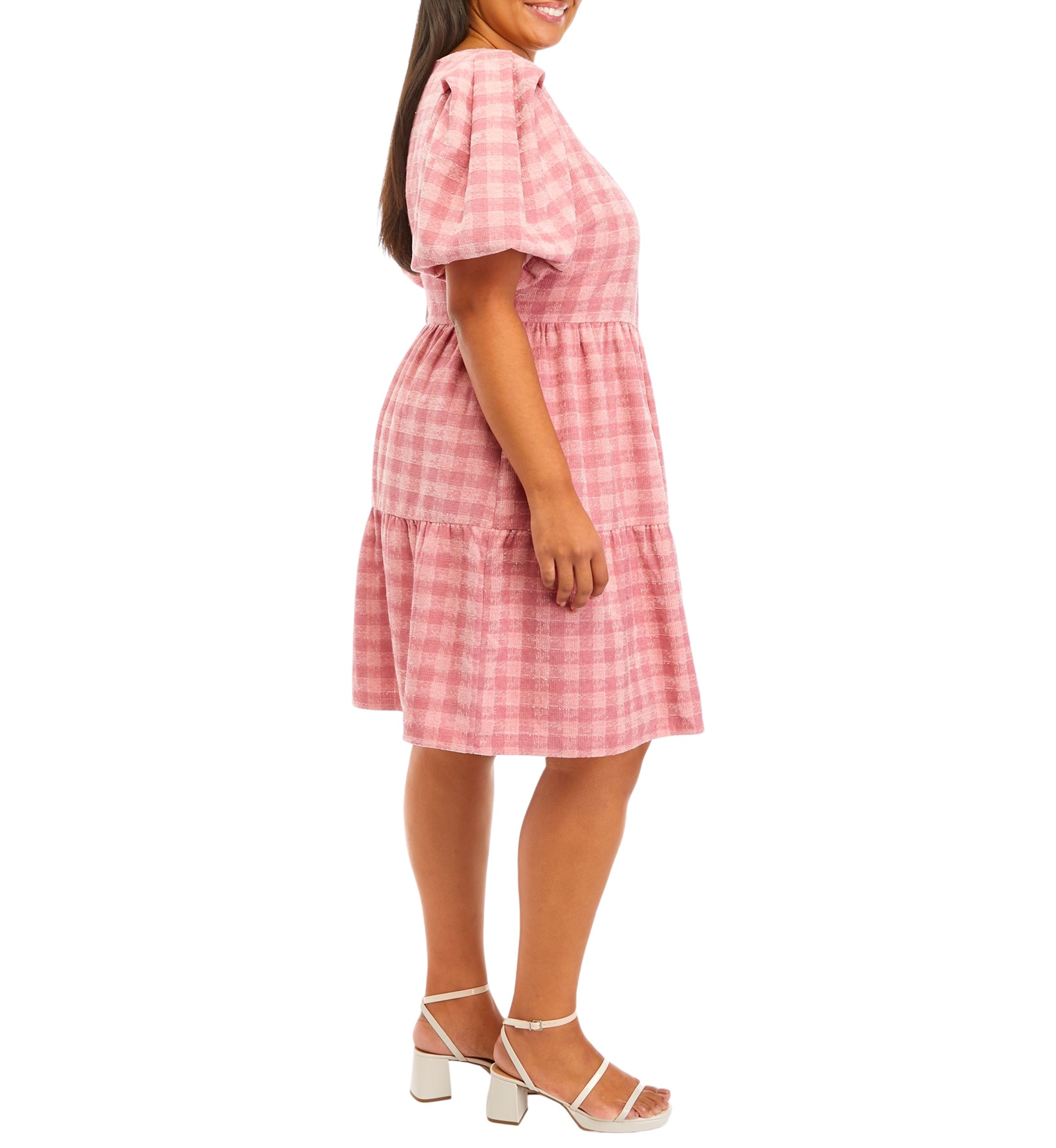 Plus Size Puff Sleeve Checkered Print Babydoll Dress