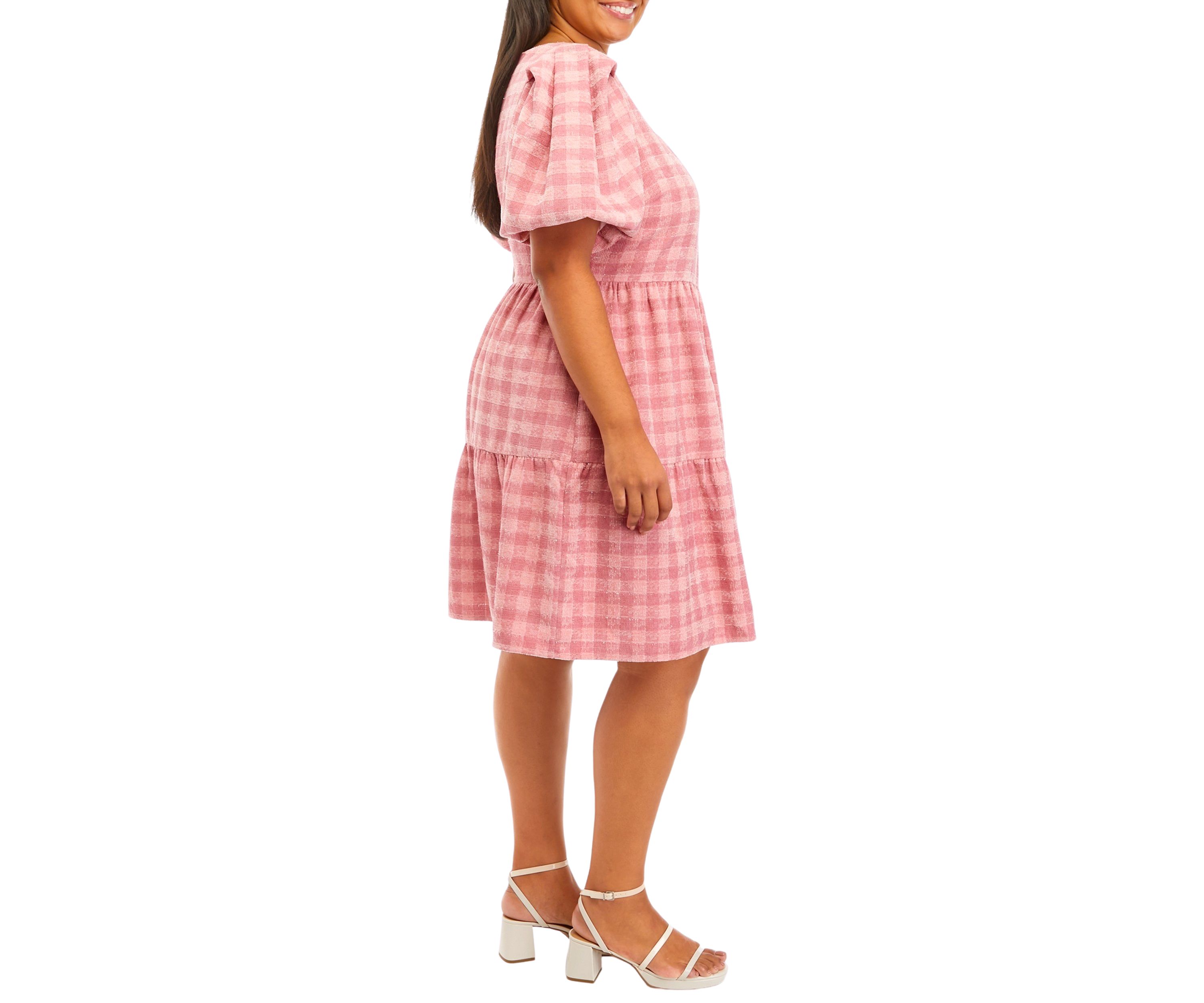 Plus Size Puff Sleeve Checkered Print Babydoll Dress
