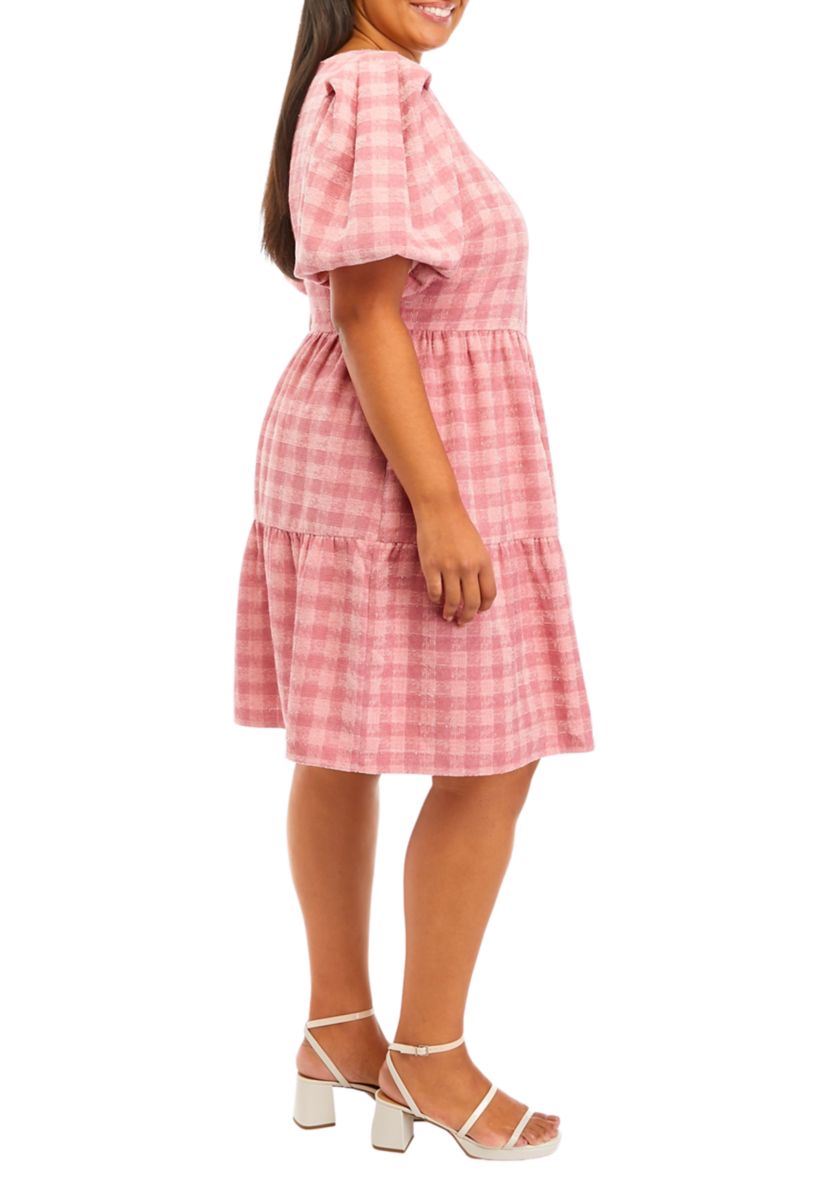 Plus Size Puff Sleeve Checkered Print Babydoll Dress