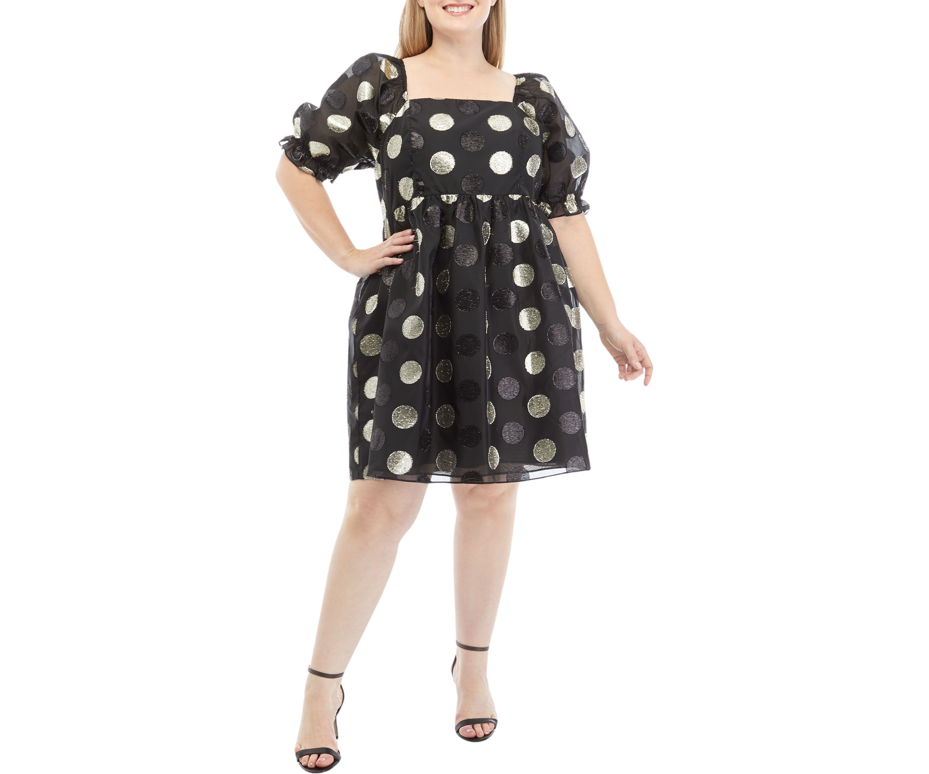 Plus Size Puff Sleeve  Polka Dot Dress