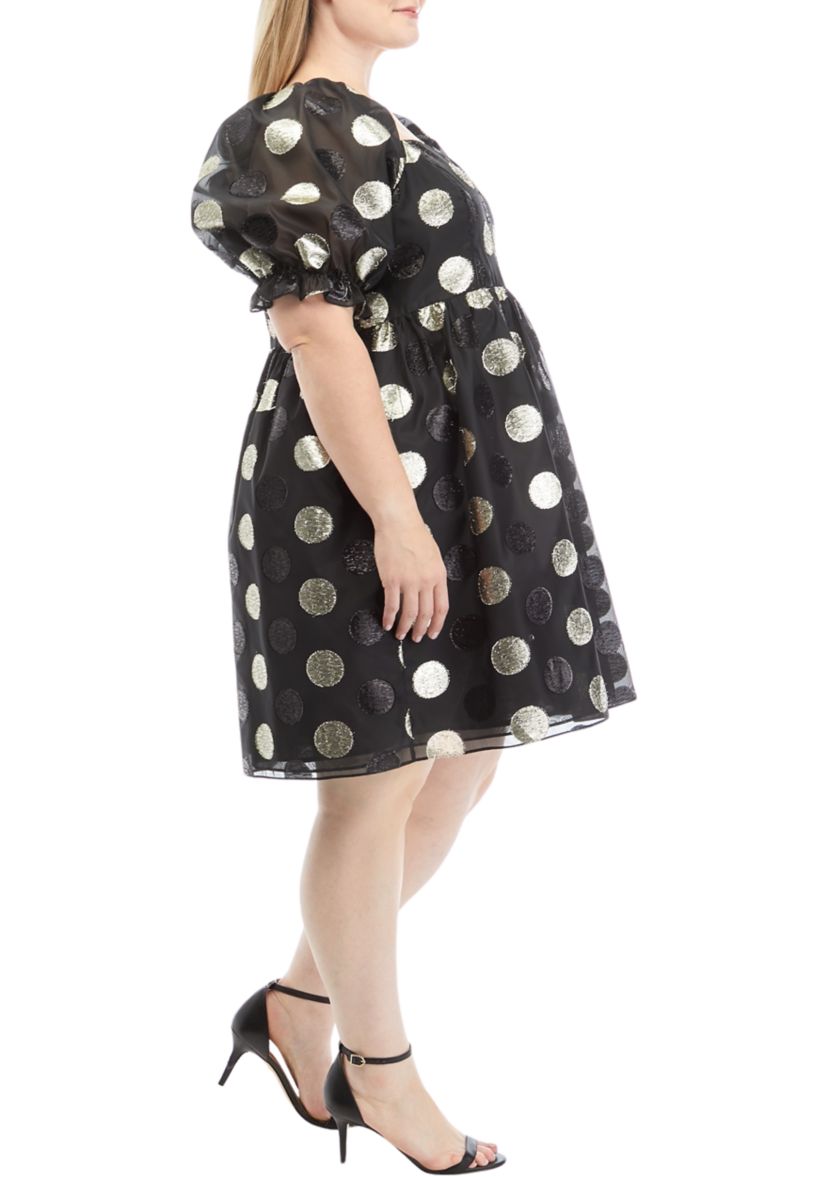 Plus Size Puff Sleeve  Polka Dot Dress