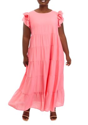 English Factory Women's Plus Size Ruched Sleeve Tiered Ruffle Maxi Dress