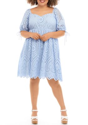 ENGLISH FACTORY Women's Plus Size Short Sleeve Eyelet Scallop Edge Mini Dress